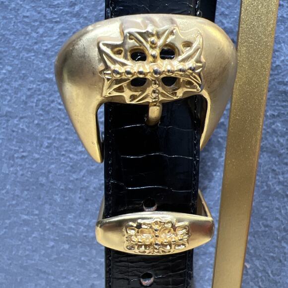 Vintage Express Concho Belt Womens Small/Black Croc Embossed Leather Brass - Picture 5 of 9